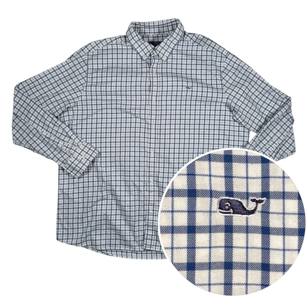 Vineyard Vines Mens Classic Fit Whale Shirt XXL Blue White Plaid Button Down